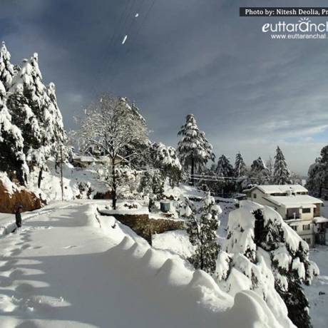 View of Mukteshwar town after heavy snowfall(during winters)