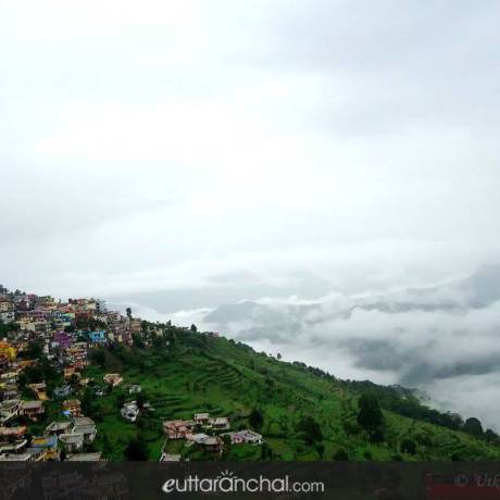 Pauri city view during Monsoon.