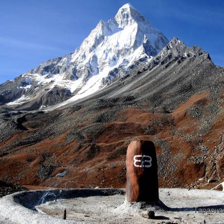 Lord Shiva shivling in the foreground and Mount Shivling in the backdrop. It is a place in Gangotri valley Where man meets God and God meets Earth.