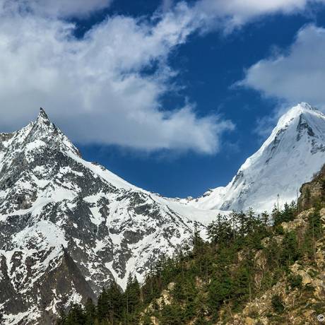A beautiful view of snow capped mountain peak as seen from Gangotri, Uttarakhand.