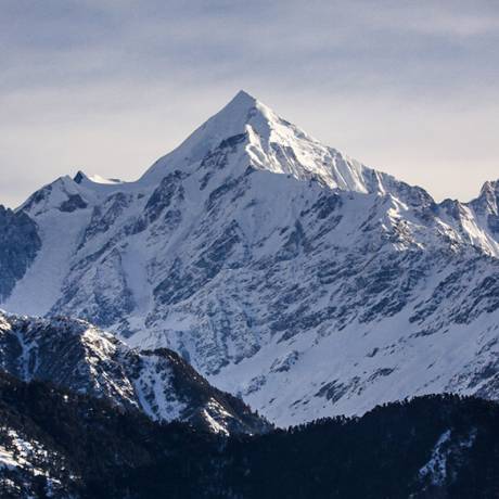 View of panchachuli Peaks(6,904 mt.) as seen from Munsiyari. Its a group of five snow-capped Himalayan peaks lying at the end of the eastern Kumaon region.