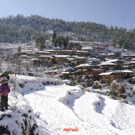 Sankri village under the thick blanket of snow snow. Sankri village after snowfall. Snowfall in sankri.