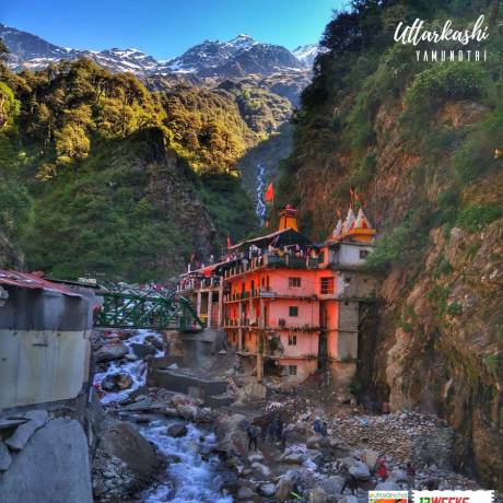 Side view of Yamunotri Dham with Snow Peaks at the back